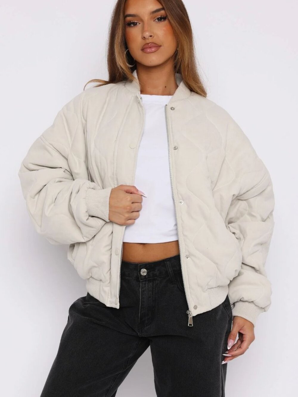 White Fox Soft Love Bomber Jacket Beige